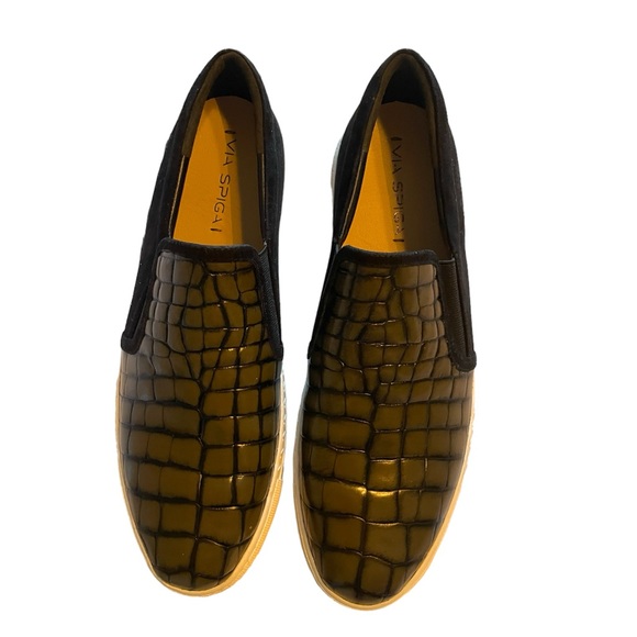 Via Spiga Black Green Leather Slip On Croc Embossed Sneaker Size 11 - Picture 2 of 6